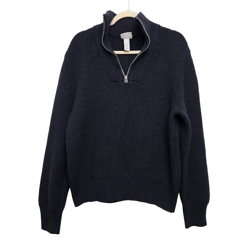 H&M Quarter Zip Sweater Mens Medium Navy Blue Ribbed Knit Wool Blend Pullover